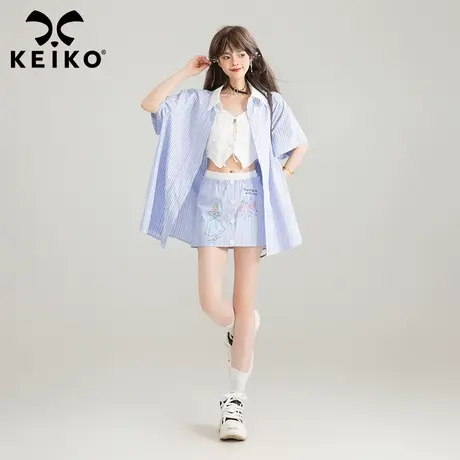 KEIKO 盐系减龄蓝白条纹衬衫两件套装女夏季休闲短袖上衣+半身裙商品大图
