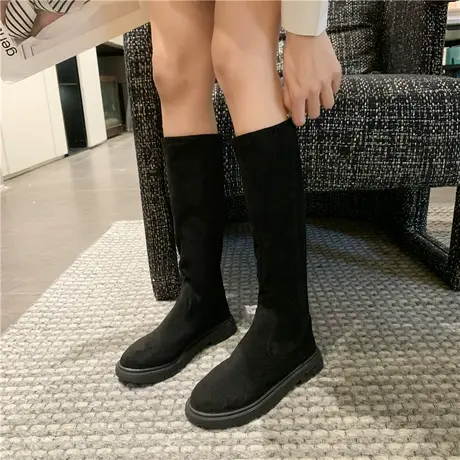 绒面显瘦弹力靴女2023年新款不过膝长靴瘦瘦靴圆头平底高筒骑士靴图片