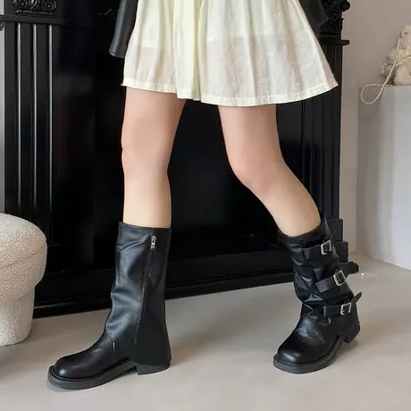 厚底皮带扣西部靴子女2025秋季新款拖地靴皱褶堆堆靴中长筒裤管靴商品大图