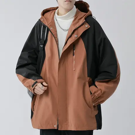 男士拼色连帽外套男高级感痞帅美式工装夹克秋季冲锋衣2023年新款商品大图