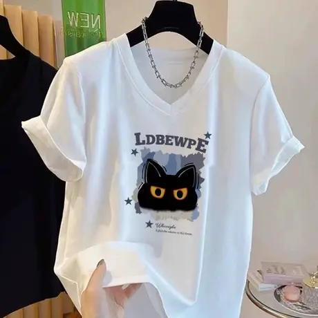 大码适合胖mm的正肩t恤短袖女韩系chic别致小衫v领酷辣上衣服ins商品大图
