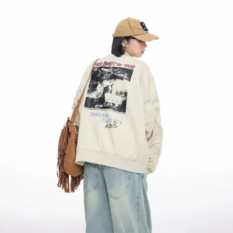 美式复古印花拉链飞行员夹克女秋季新款休闲宽松棒球服工装外套图片