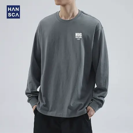 hansca 春秋季260g圆领长袖t恤男2025新款宽松纯棉印花内搭打底衫商品大图