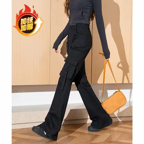 唐狮2024年秋冬季新款女休闲长裤加绒紧身喇叭裤设计感黑色工装裤商品大图