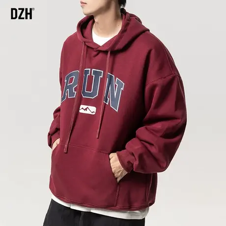 男士酒红色重磅卫衣男连帽美式秋季上衣宽松男装2023新款长袖衣服商品大图