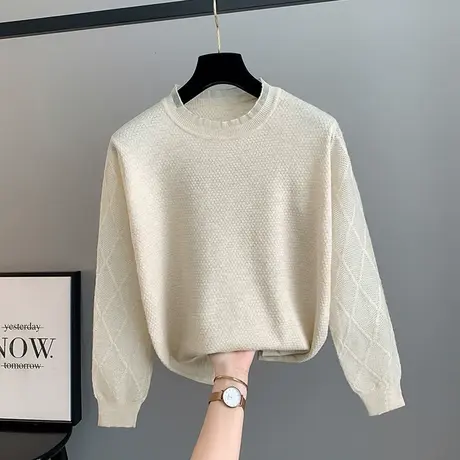 针织纯色女士蕾丝拼接半高领打底衫女2023秋冬上衣百搭洋气毛衣潮商品大图