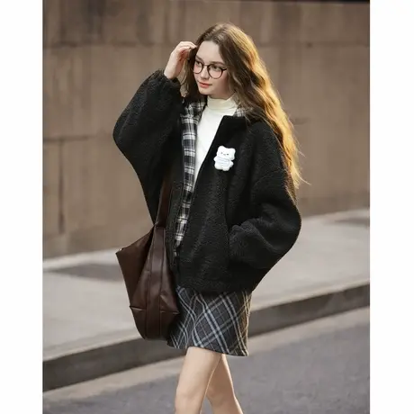 唐狮秋冬季连帽加厚外套女短款仿羔毛外套棕色拼接格纹超好看TUTA商品大图