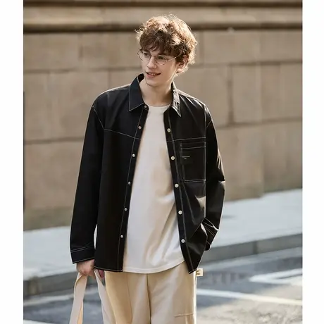 唐狮新款春秋季长袖衬衫黑色明线设计感时尚翻领男士上衣潮TMTA图片