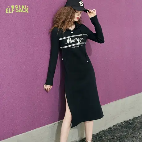 妖精的口袋开叉黑色针织长袖连衣裙女2023秋季新款卫衣裙修身显瘦商品大图
