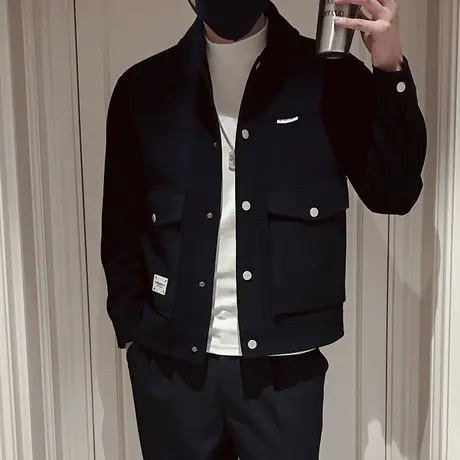 秋冬季潮牌机车工装夹克男个性休闲ins轻熟风贴标设计感翻领外套商品大图