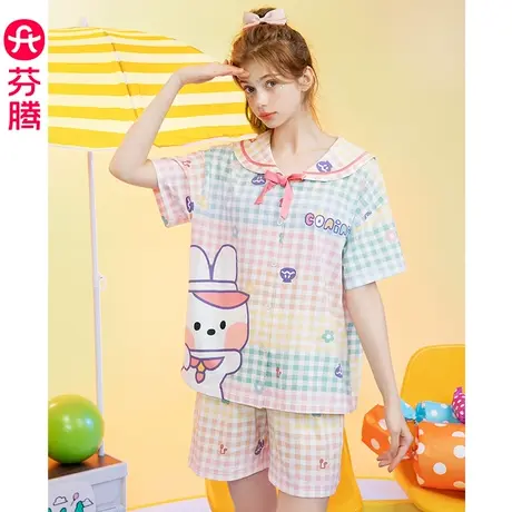 芬腾纯棉布朗熊睡衣女夏季短袖卡通可爱少女学生领休闲家居服套装图片