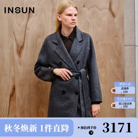 恩裳2023冬装新款西装式呢大衣真丝驼绒羊毛混纺连肩袖毛呢外套女商品大图