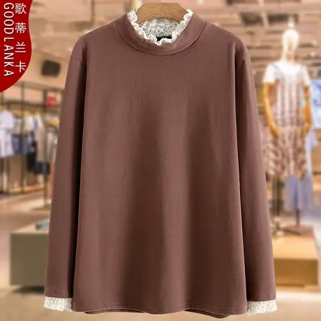 加大码妈妈秋冬双面德绒打底衫上衣宽松时尚蕾丝边拼接长袖T恤女商品大图