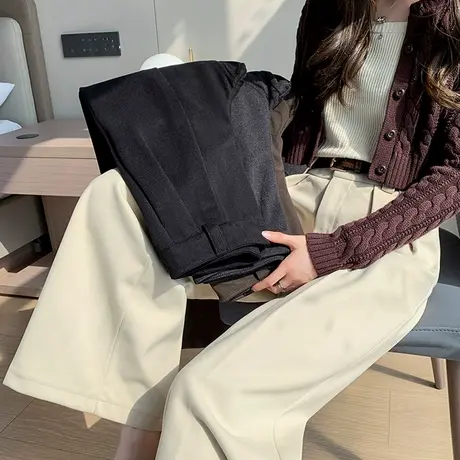 黑色高级感毛呢阔腿裤女秋冬小个子高腰垂感宽松显瘦直筒休闲裤子商品大图