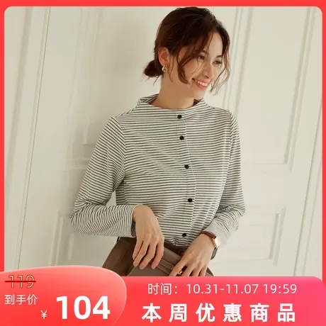 桔熊秋冬季通勤简约条纹针织衫软糯长袖立领上衣女装大码AB19091图片