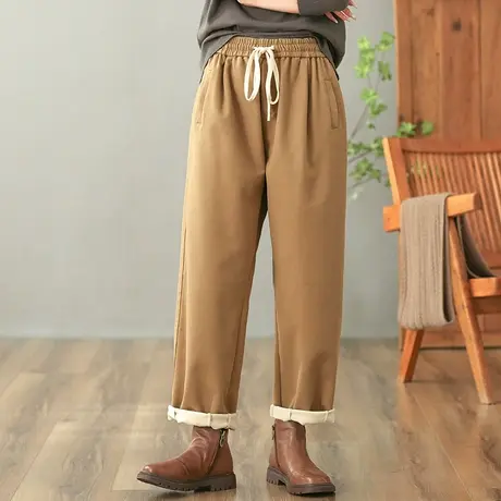 dza 高腰显瘦宽松直筒加绒裤子女冬外穿加厚长裤休闲阔腿裤哈伦裤图片