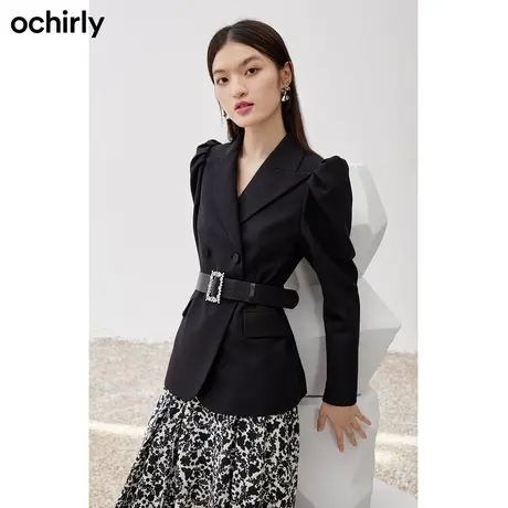【七七酱专享】 欧时力西装外套新款秋装羊腿袖配腰带西装外套图片