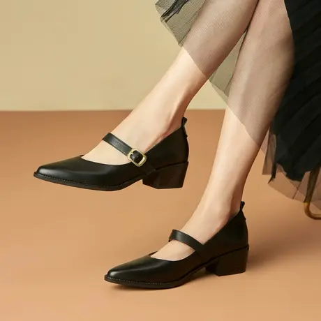 新款尖头牛皮女鞋粗跟玛丽珍鞋中跟复古一字扣带里外真皮软面单鞋商品大图