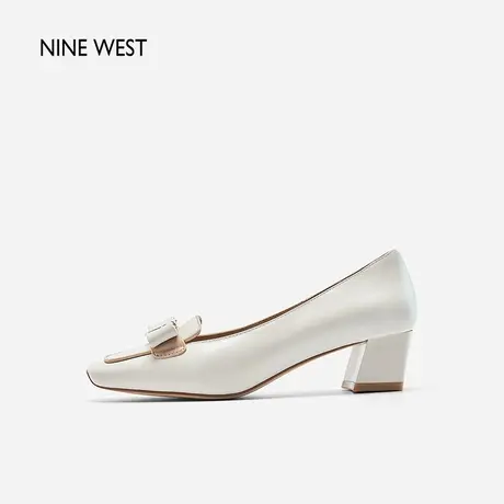 Nine West/玖熙撞色蝴蝶结粗跟鞋气质春新款浅口方头法式晚风单鞋商品大图
