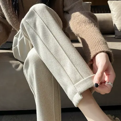 毛呢裤女春秋2024新款加厚休闲宽松高腰显瘦直筒女裤子九分烟管裤商品大图