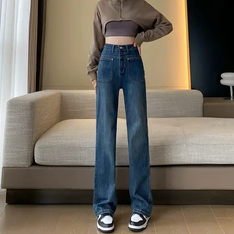 阔腿加绒牛仔裤女秋冬季2025新款高腰显瘦宽松直筒小个子拖地裤子商品大图