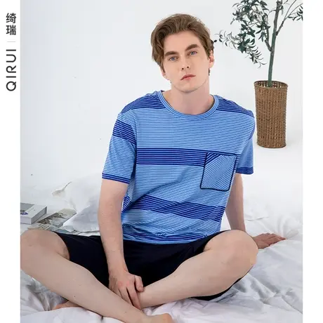 绮瑞睡衣男夏季纯棉短袖短裤圆领套装男士夏天条纹薄款家居服大码商品大图