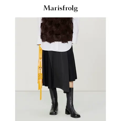 【美利奴羊毛】玛丝菲尔冬季新款黑色拼接风琴褶半身裙图片