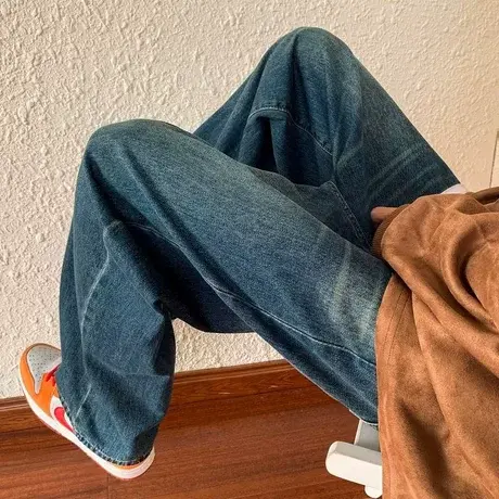 牛仔裤男春秋季水洗做旧直筒宽松潮牌阔腿美式高街百搭休闲长裤子商品大图