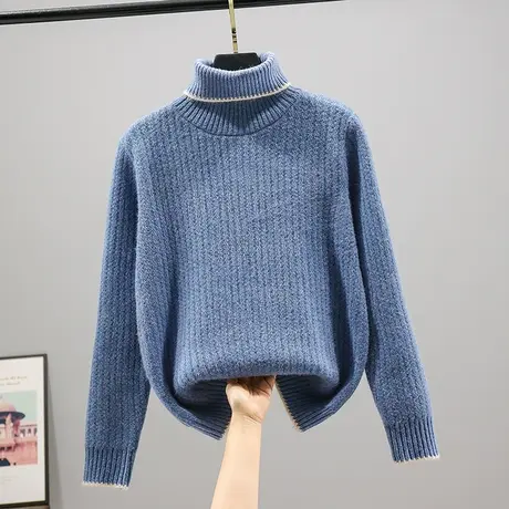 2023秋季新款韩版宽松高领纯色针织衫套头加厚毛衣女长袖百搭上衣商品大图