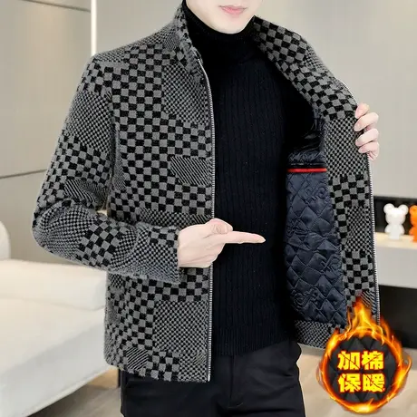 男士高级感冬装潮牌加棉保暖貂绒外套男装加厚休闲格子毛呢短夹克商品大图