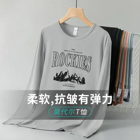 莫代尔棉t恤男士长袖修身圆领上衣服潮流秋冬内搭打底衫秋衣小衫商品大图