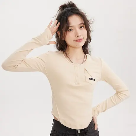尔给美式chic甜辣设计感短款长袖上衣女显瘦修身打底衫T恤内搭商品大图