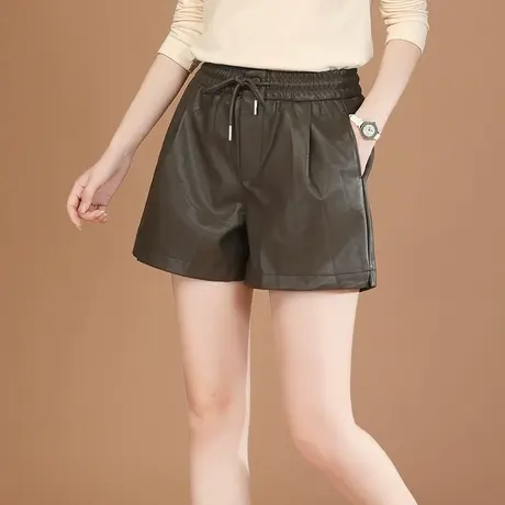 韩潮袭人时尚百搭松紧腰阔腿短款女宽松显瘦时髦皮裤图片