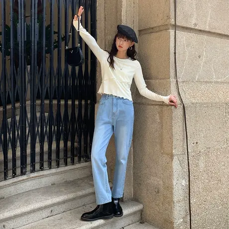 omont蛋挞家 高腰牛仔裤2023秋季新款女复古显瘦锥形九分裤长裤子图片