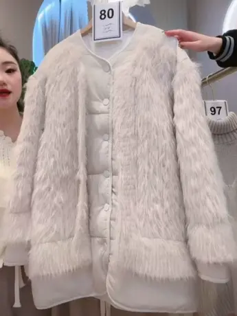 慵懒高级感假两件毛毛外套秋冬新韩版宽松时尚百搭针织拼接棉服女图片