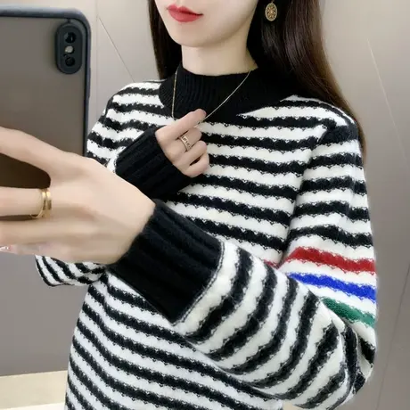 女士半高领毛衣2023年秋冬新款夹色针织衫加厚保暖条纹打底上衣女图片