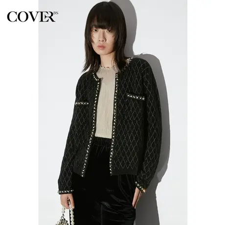 COVER2023春季菱格纹香风白钻流苏外套图片