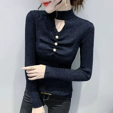 半高领毛衣女套头秋冬洋气性感镂空长袖上衣紧身内搭打底针织衫女图片