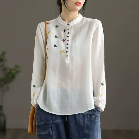 dza 白色气质亚麻上衣女士衬衫2022新款秋季百搭外穿长袖棉麻衬衣图片