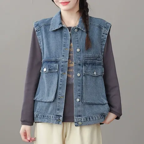 dza 复古工字牛仔马甲女士春季宽松短款外搭上衣休闲百搭翻领马夹图片