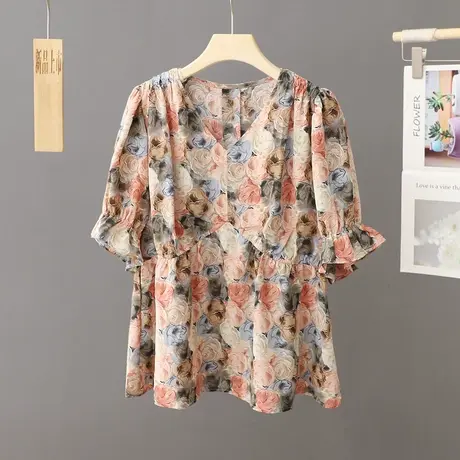 法式时尚洋气印花雪纺短袖衬衫女夏季新款不皱款V领套头衬衣上衣图片