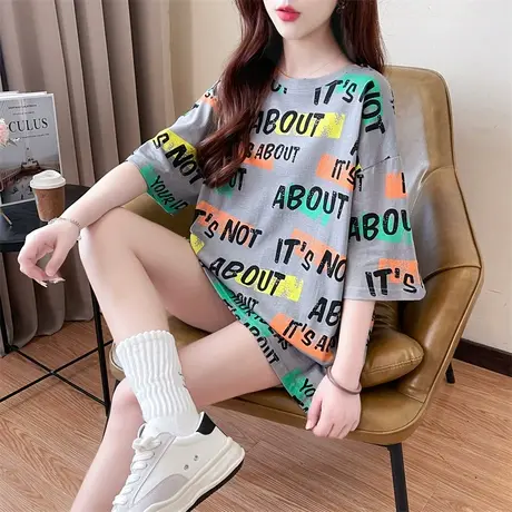 夏季短袖T恤胖mm宽松百搭下衣失踪大码chic闺蜜装oversize上衣女商品大图