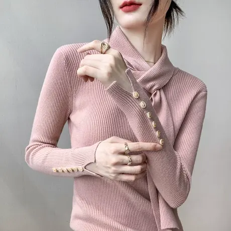 美利奴羊毛围巾领上衣女士2023早春新款洋气修身设计感针织打底衫图片