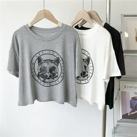 自制莫代尔猫咪印花短款短袖T恤女2022夏季薄款白色上衣高腰罩衫商品大图