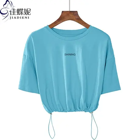 夏季新款圆领宽松休闲短款纯棉纯欲抽绳印花短袖体恤上衣女打底衫商品大图