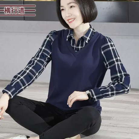 衬衫领假两件拼接休闲宽松长袖上衣打底衫春季女新款t恤小衫体恤图片