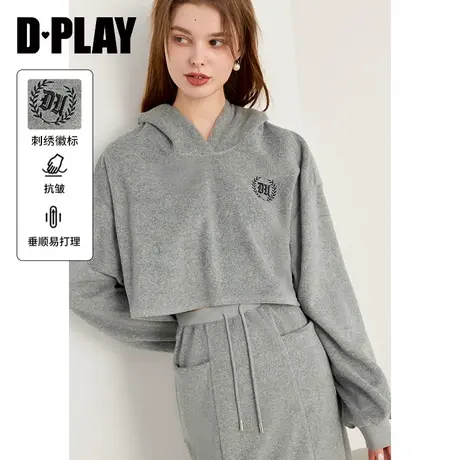 DPLAY冬新休闲风刺绣徽标灰色连帽落肩卫衣外套商品大图