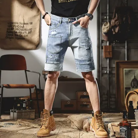 高端欧货复古重工水洗破洞牛仔短裤男士日系修身直筒五分裤中裤潮商品大图