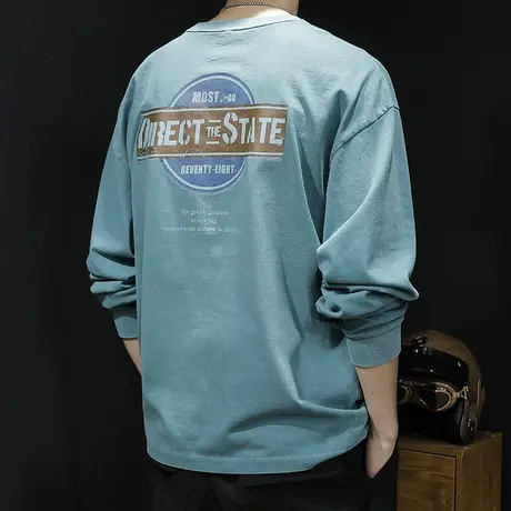 春季圆领长袖t恤男ins潮牌纯棉宽松大码2024新款男士上衣春秋水洗图片