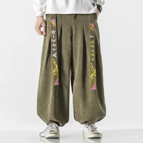 秋季加厚国风刺绣灯芯绒男长裤宽松阔腿裤男士条绒收口裤日系休闲商品大图